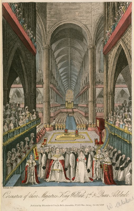 Krönung ihrer Majestäten König Wilhelm IV. und Königin Adelaide in der Westminster Abbey von English School