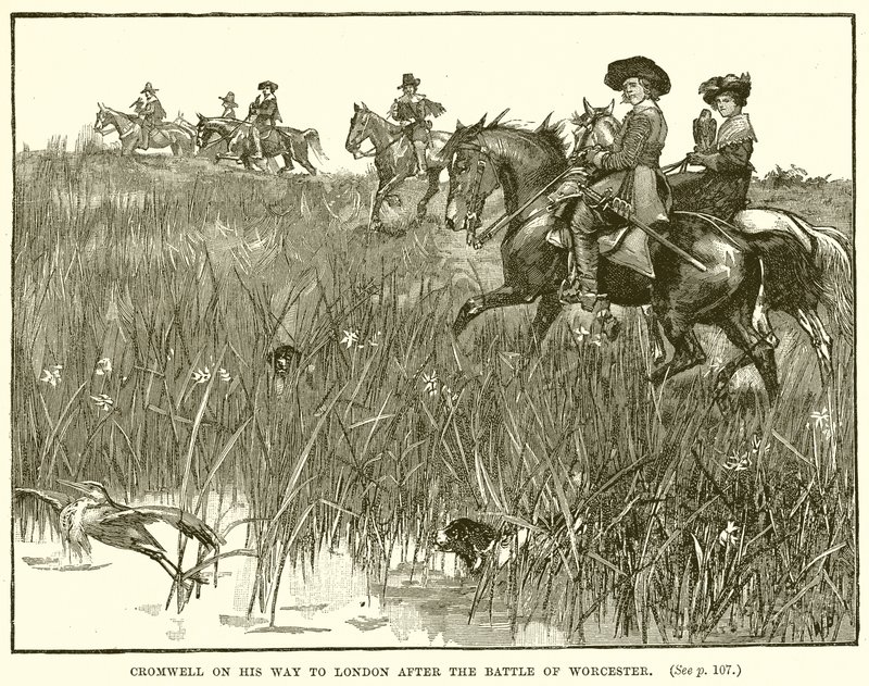 Cromwell auf dem Weg nach London nach der Schlacht von Worcester von English School
