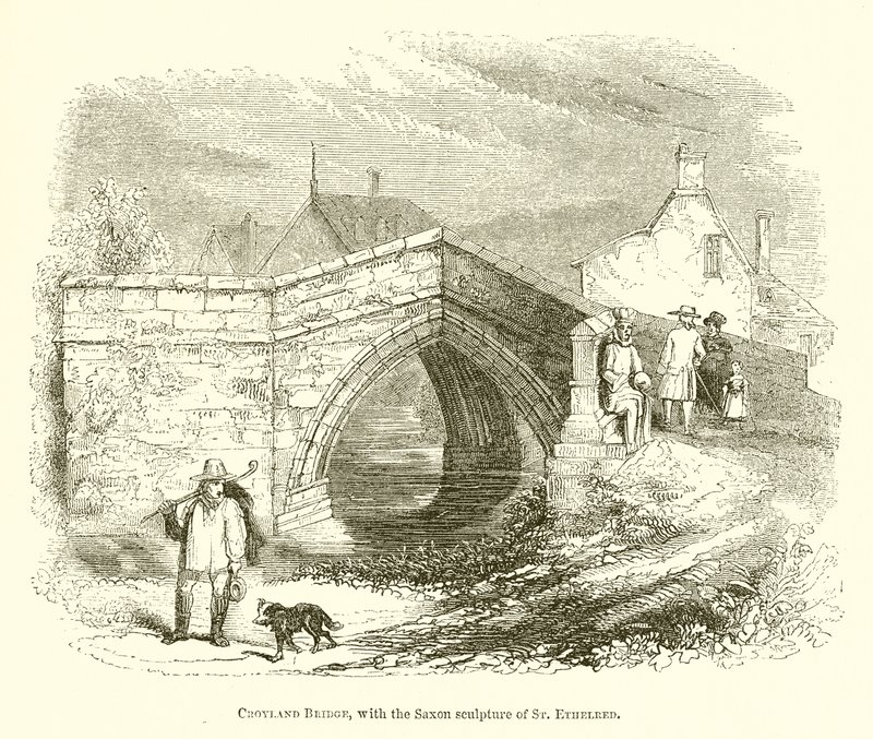 Croyland-Brücke mit der sächsischen Skulptur von St. Ethelred von English School