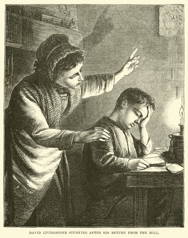 David Livingstone beim Studium nach seiner Rückkehr aus der Mühle von English School