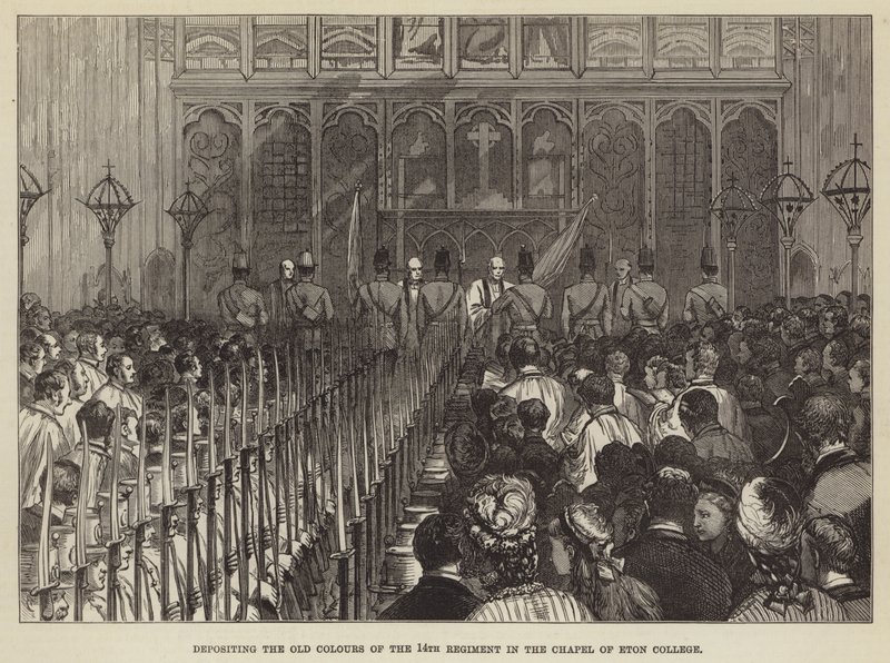 Ablage der alten Farben des 14. Regiments in der Kapelle des Eton College (Stich) von English School