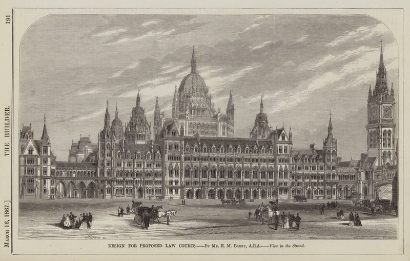 Entwurf für vorgeschlagene Gerichtsgebäude, von Mr. E. M. Barry, ARA, Ansicht im Strand (Gravur) von English School