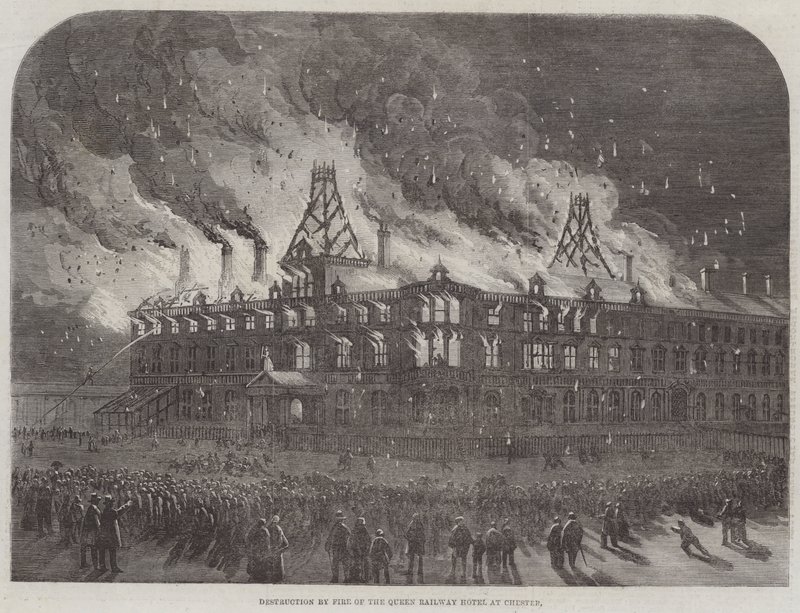 Zerstörung durch Feuer im Queen Railway Hotel in Chester (Stich) von English School