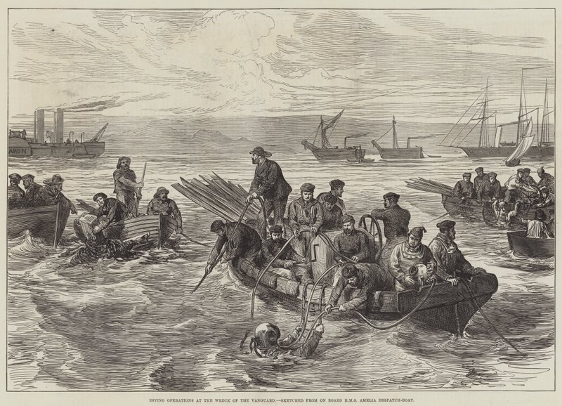 Tauchoperationen am Wrack der Vanguard, skizziert von Bord der HMS Amelia Despatch-Boat (Stich) von English School