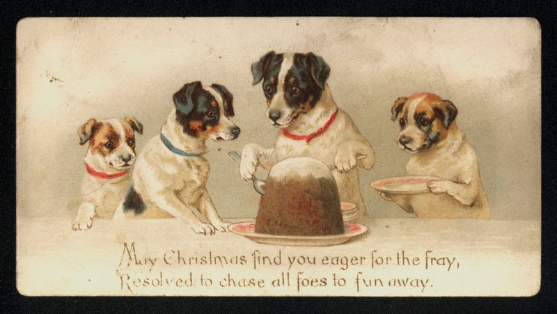 Hunde servieren einen Weihnachtskuchen, Grußkarte von English School