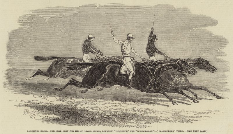 Doncaster-Rennen, das tote Rennen um die St. Leger Stakes, zwischen "Voltigeur" und "Russborough", "Bolingbroke" Dritter (Gravur) von English School