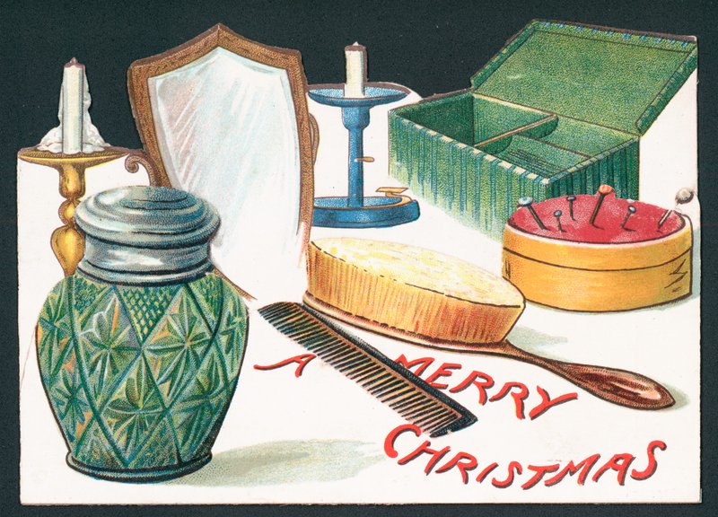 Inhalt eines Schminktisches, Weihnachtskarte von English School