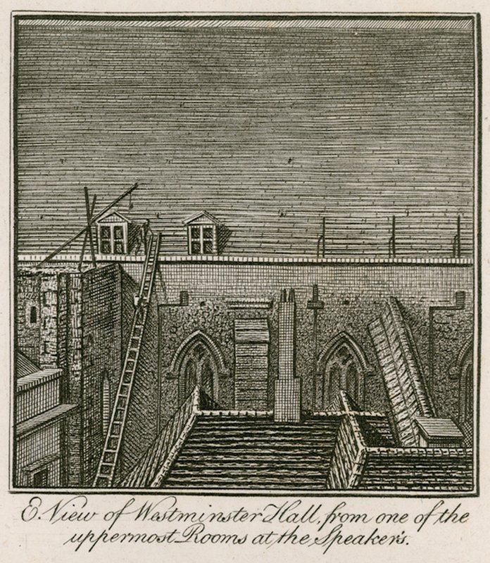 Ostansicht der Westminster Hall von einem der obersten Räume des Sprechers von English School