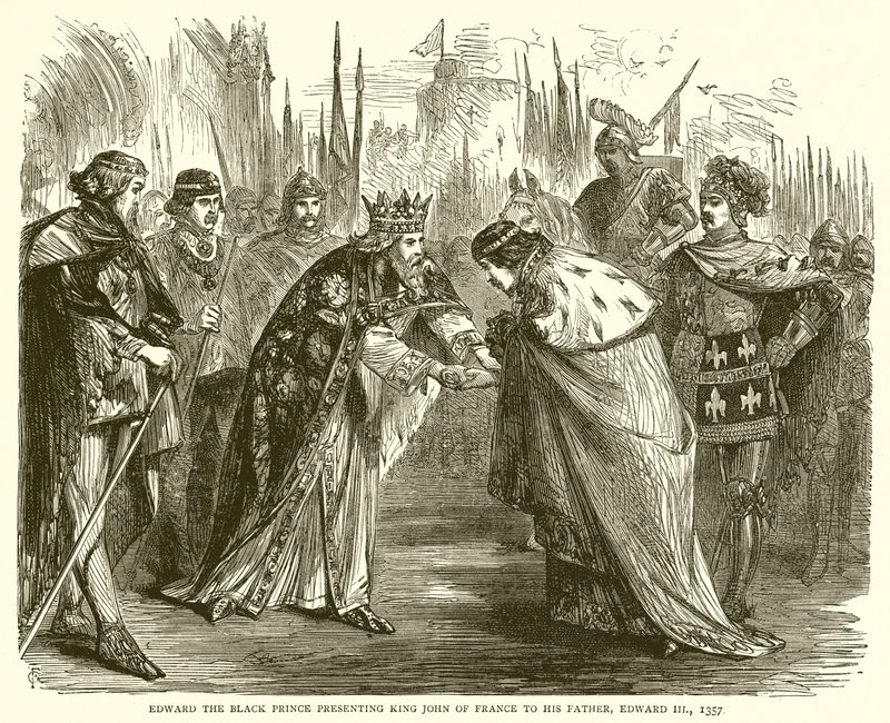 Edward der Schwarze Prinz präsentiert König Johann von Frankreich seinem Vater Edward III, 1357 von English School