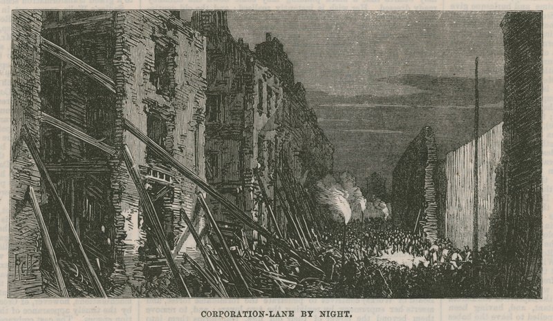 Folgen der Explosion in Clerkenwell: Corporation Lane bei Nacht von English School