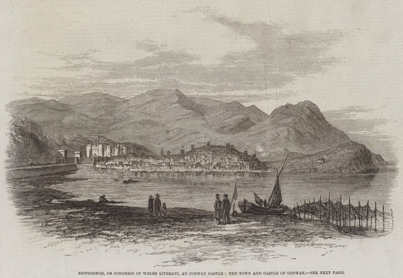 Eisteddfod oder Kongress der walisischen Literaten im Schloss Conway, die Stadt und das Schloss Conway (Stich) von English School
