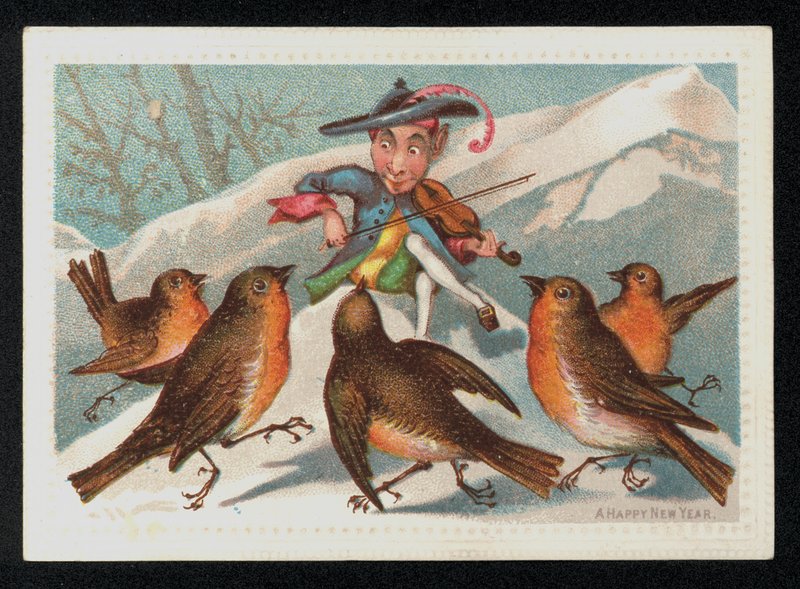 Elf mit einer Geige unterhält eine Gruppe von Rotkehlchen, Neujahrskarte von English School