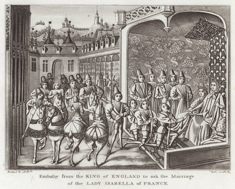 Gesandtschaft des Königs von England, um die Heirat der Lady Isabella von Frankreich zu erbitten von English School