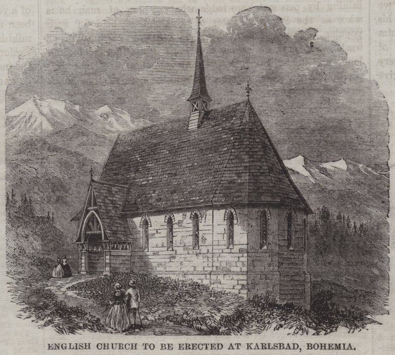 Englische Kirche, die in Karlsbad, Böhmen, errichtet werden soll (Stich) von English School
