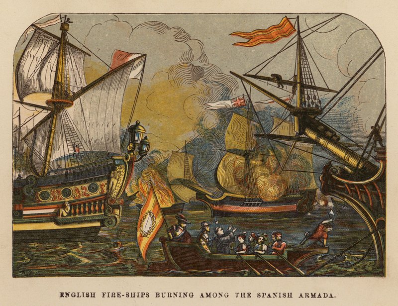Englische Brandschiffe brennen unter der spanischen Armada (farbige Gravur) von English School