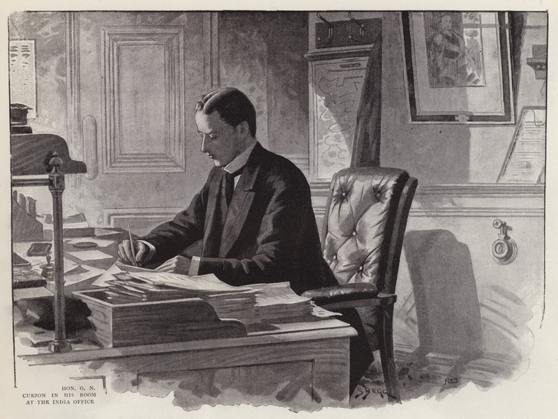 Der englische Politiker George Curzon bei der Arbeit in seinem Büro im India Office von English School