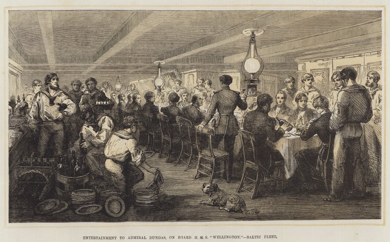 Unterhaltung für Admiral Dundas an Bord der HMS "Wellington," Baltische Flotte (Farblithografie) von English School