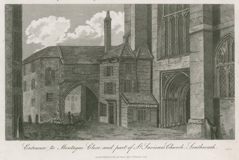 Eingang zu Montague Close und Teil der St. Saviours Kirche, Southwark, Surrey von English School