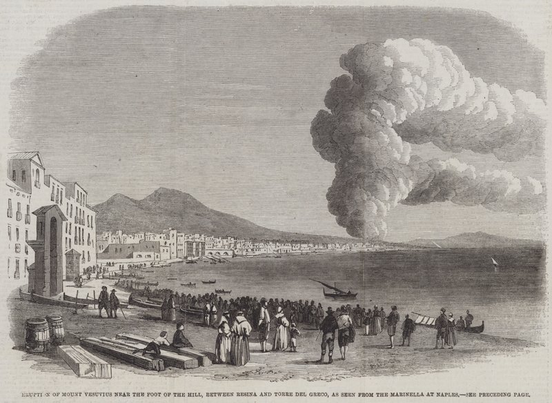 Ausbruch des Vesuvs in der Nähe des Hügels, zwischen Resina und Torre del Greco, gesehen von der Marinella in Neapel (Stich) von English School