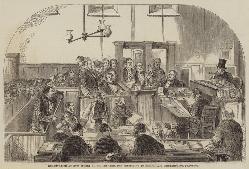Untersuchung in Bow Street von Dr. Bernard wegen Verschwörung zur Ermordung von Kaiser Napoleon von English School