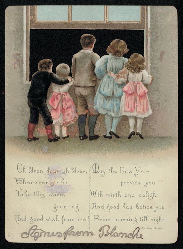 Aufgeregte Kinder schauen aus dem Fenster, Neujahrsgrußkarte von English School