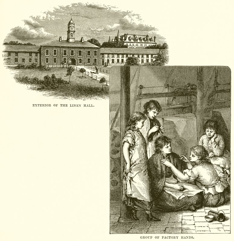 Außenansicht der Leinenhalle. Gruppe von Fabrikarbeitern von English School