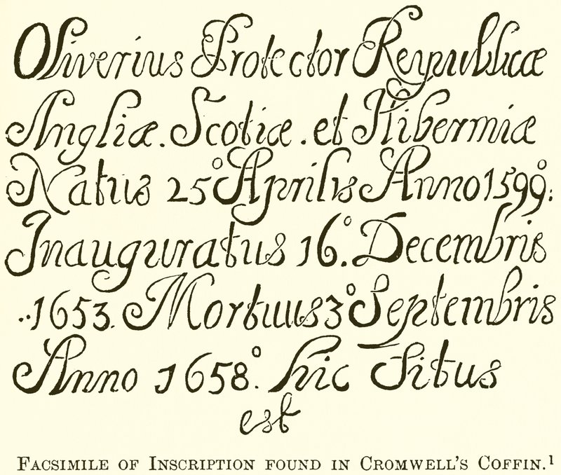 Faksimile der Inschrift, die im Sarg von Cromwell gefunden wurde von English School