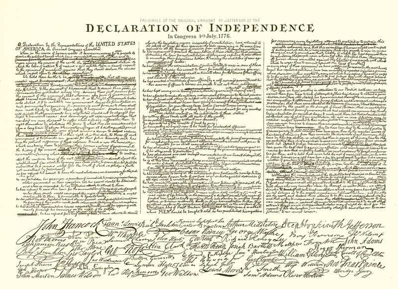 Faksimile des Originalentwurfs von Thomas Jefferson der Unabhängigkeitserklärung im Kongress am 4. Juli 1776 von English School