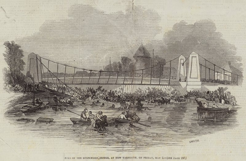 Einsturz der Hängebrücke in New Yarmouth am Freitag, 2. Mai (Gravur) von English School