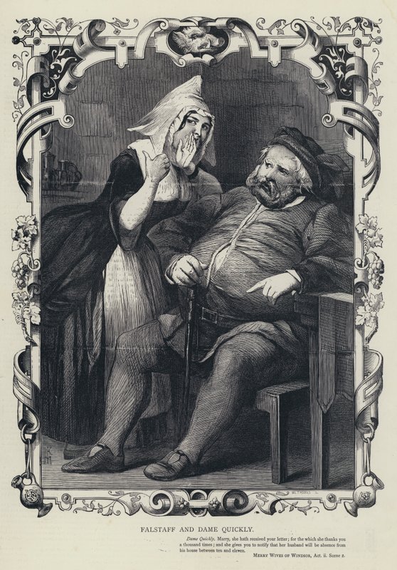 Falstaff und Frau Quickly, Die lustigen Weiber von Windsor, Akt II, Szene 2 (Gravur) von English School