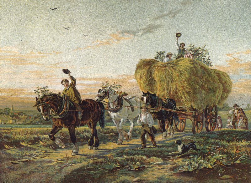 Bauern kehren mit Heuwagen von den Feldern zurück von English School