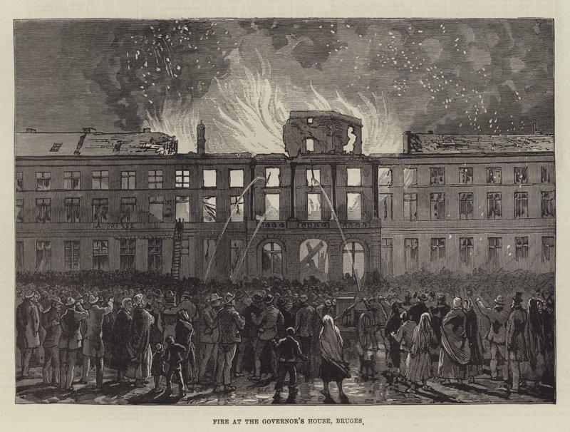 Feuer im Gouverneurshaus, Brügge (Gravur) von English School