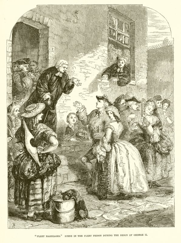 Flottenhochzeiten. Szene im Fleet-Gefängnis während der Herrschaft von Georg II. von English School