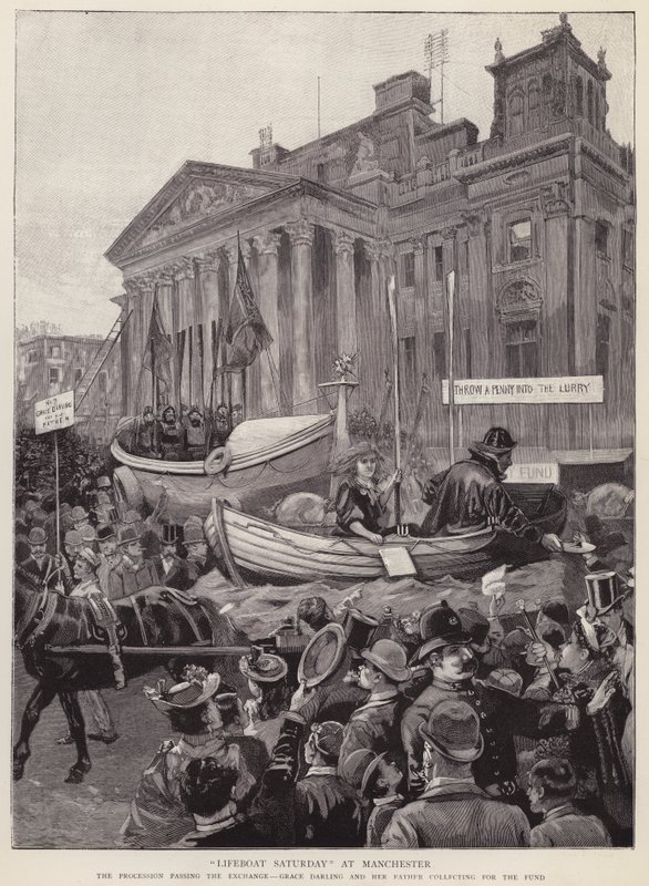 Festwagen zur Sammlung von Geldern für die Royal National Lifeboat Institution passiert die Exchange in Manchester von English School