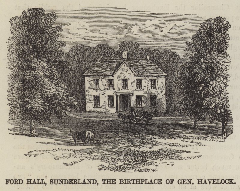 Ford Hall, Sunderland, der Geburtsort von General Havelock (Stich) von English School