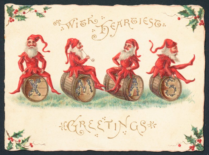 Vier Kobolde sitzen auf Fässern, Weihnachtskarte von English School