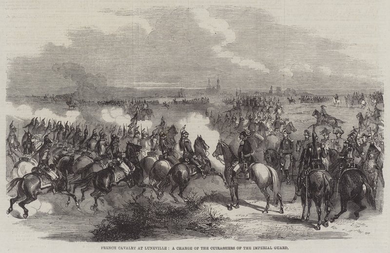 Französische Kavallerie in Luneville, ein Angriff der Kürassiere der kaiserlichen Garde (Stich) von English School