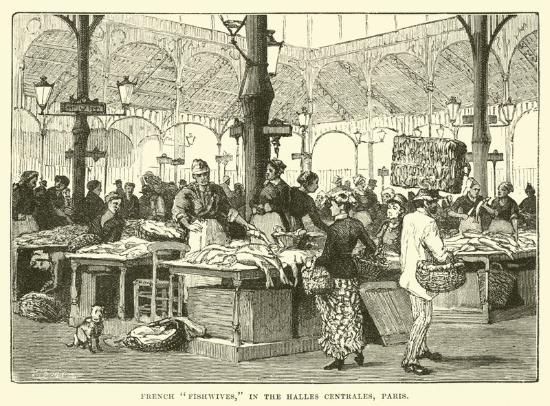 Französische Fischweiber in den Halles Centrales, Paris von English School