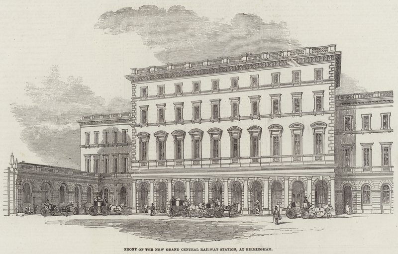 Front des neuen Grand Central Bahnhofs, in Birmingham (Gravur) von English School