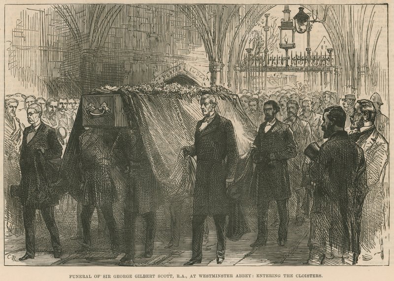 Beerdigung des verstorbenen Sir George Gilbert Scott, RA, in der Westminster Abbey, Eintritt in die Kreuzgänge von English School