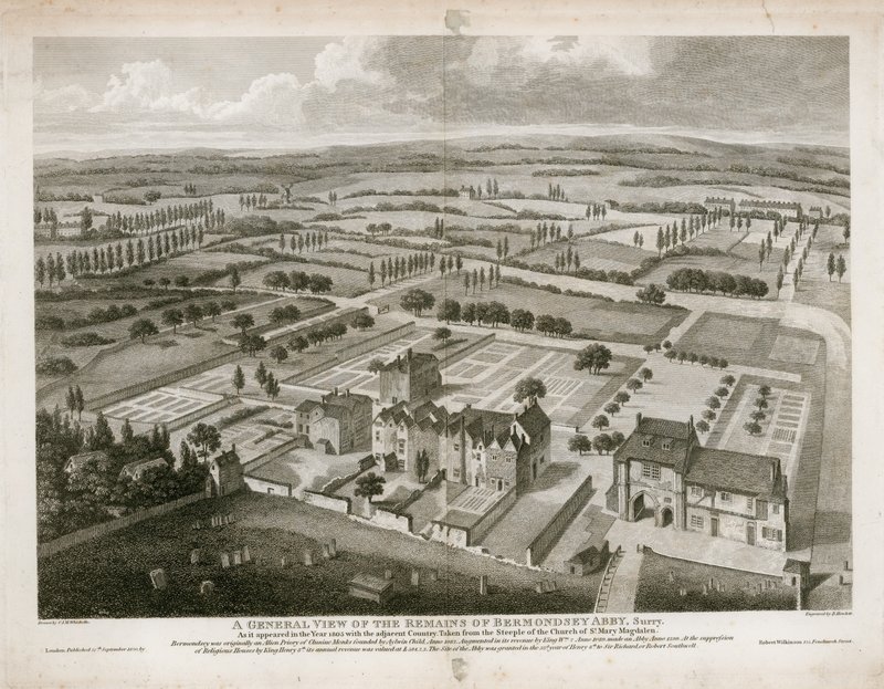 Gesamtansicht der Überreste der Bermondsey-Abtei, wie sie 1805 erschien von English School