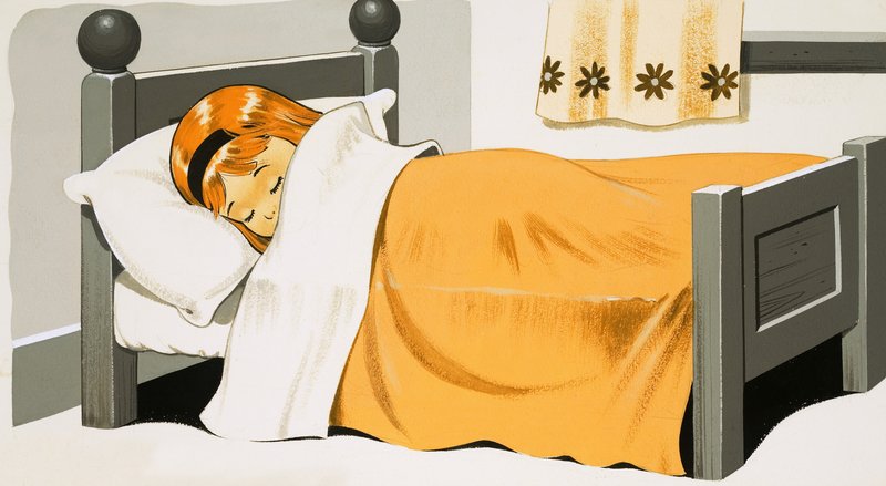 Mädchen schläft im Bett von English School