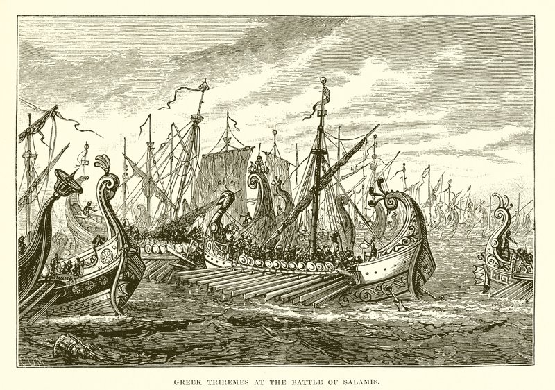 Griechische Trieren in der Schlacht von Salamis von English School