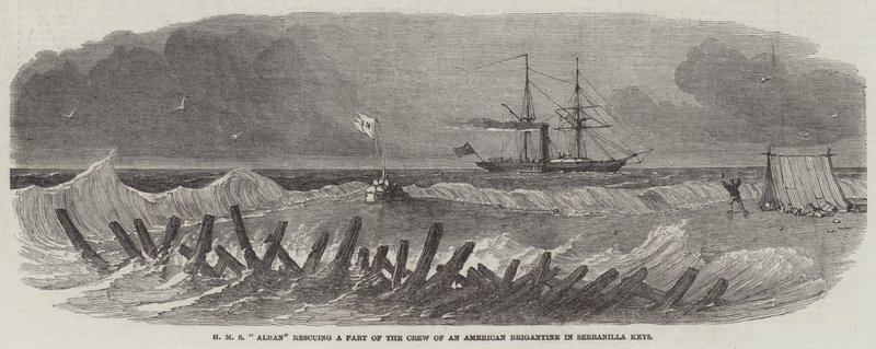 HMS "Alban" rettet einen Teil der Besatzung einer amerikanischen Brigantine in den Serranilla Keys von English School