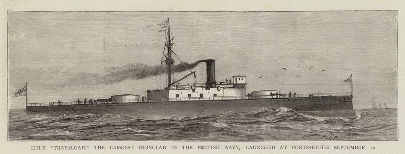 HMS "Trafalgar", das größte Panzerschiff der britischen Marine, in Portsmouth am 20. September vom Stapel gelaufen (Stich) von English School
