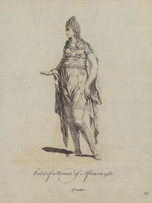 Kleidung einer Frau aus Afrika im Jahr 1581 von English School