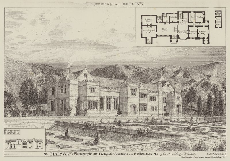 Halsway, Somersetshire, Entwurf für Ergänzungen und Restaurierung von English School