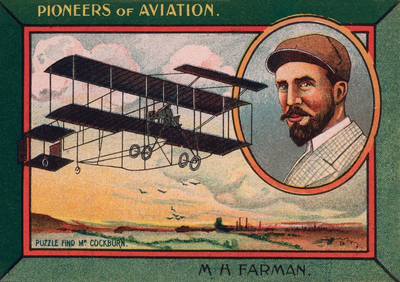 Henri Farman, anglo-französischer Luftfahrtpionier, Flugzeugdesigner und Hersteller (Chromolithografie) von English School