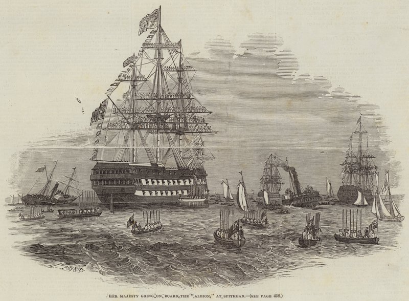 Ihre Majestät geht an Bord der "Albion" in Spithead (Stich) von English School