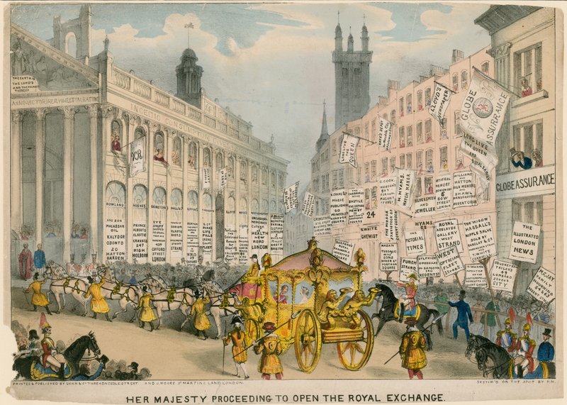Ihre Majestät schreitet zur Eröffnung der Royal Exchange, London von English School